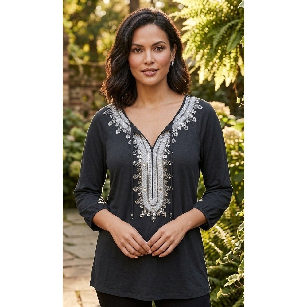 INC International Concepts Petite Sequin Embroidered Tassel Top Size PM Vacation